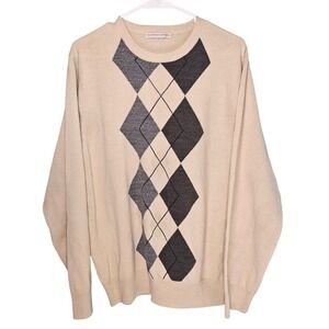 Geoffrey Beene Mens Argyle Grandpa Knit Sweater Beige Grey Crew Neck Pullover XL